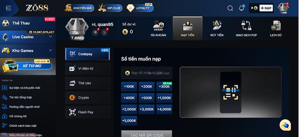 Điều kiện nạp tiền Zo88 chi tiết nhất