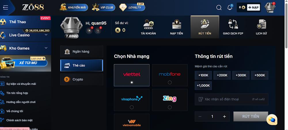 Điều kiện rút tiền Zo88 chi tiết nhất