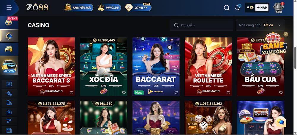 Khám phá danh mục trò chơi tại casino online Zo88
