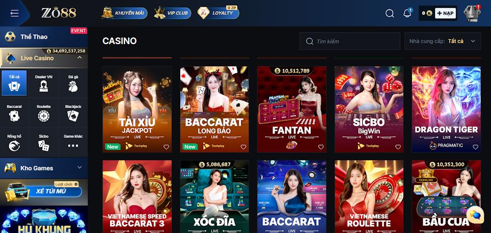 Tổng quan sảnh casino online Zo88