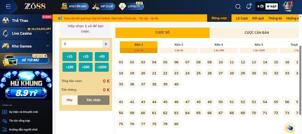 Tổng quanh sảnh Yellow Bat Lottery Zo88